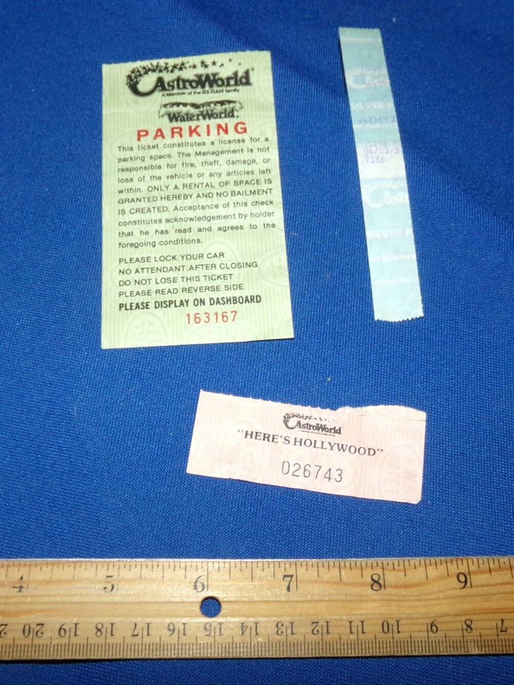 Vintage AstroWorld & WaterWorld Parking Pass + "Here's Hollywood" Ticket Stub